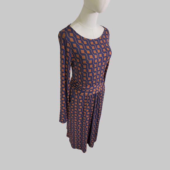 Boden Geometric Print Long Sleeve Midi Dress Blue Rust US 6R Pockets NWT - Picture 4 of 10